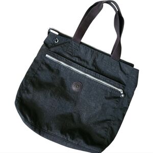 Kipling Black Nylon Tote Bag Zip Top Front Pocket Shoulder Bag